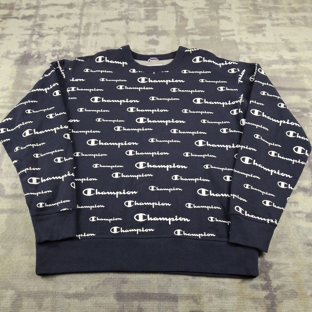 Champion All Over Print Sweatshirt Mens Large Navy Blue AOP Script Logo Crewneck